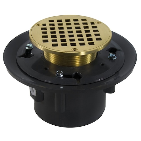 Jones Stephens 4in. Heavy Duty PVC Drain Base with 3-1/2in. Metal Spud and 6in. Polished Brass Strainer D49261